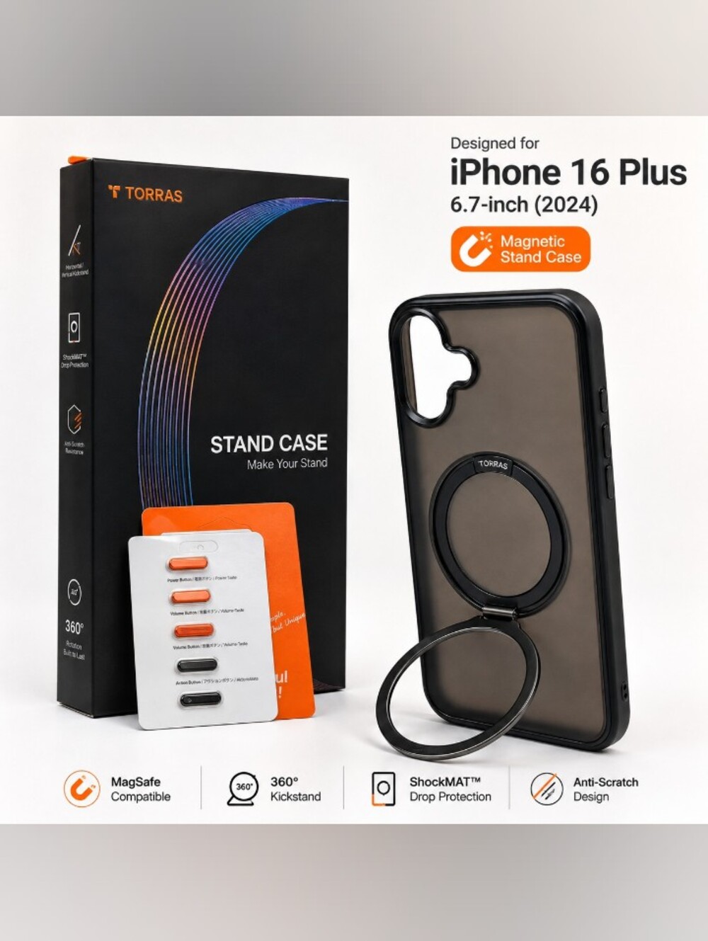TORRAS Ostand R Magnetic Stand Case iPhone 16 Plus 6.7” Black
